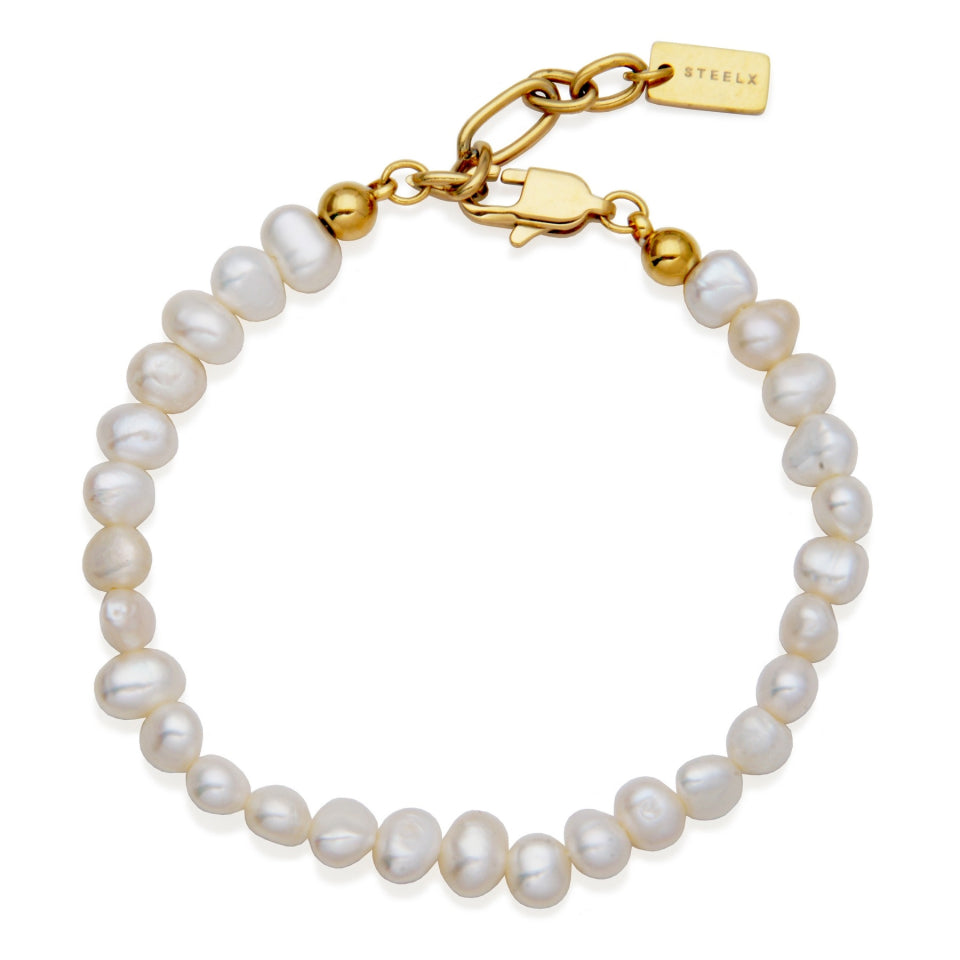 BRACELET EN ACIER DORÉ ET PERLES BLANCHES - STEELX
