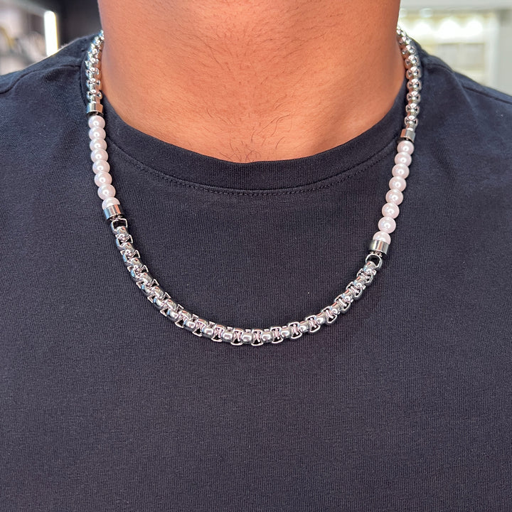 CHAINE COLLIER EN ACIER AVEC PERLES BLANCHES - STEELX