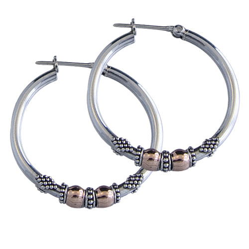 BOUCLES D'OREILLES ANNEAUX DE BALI EN ARGENT STERLING ET OR