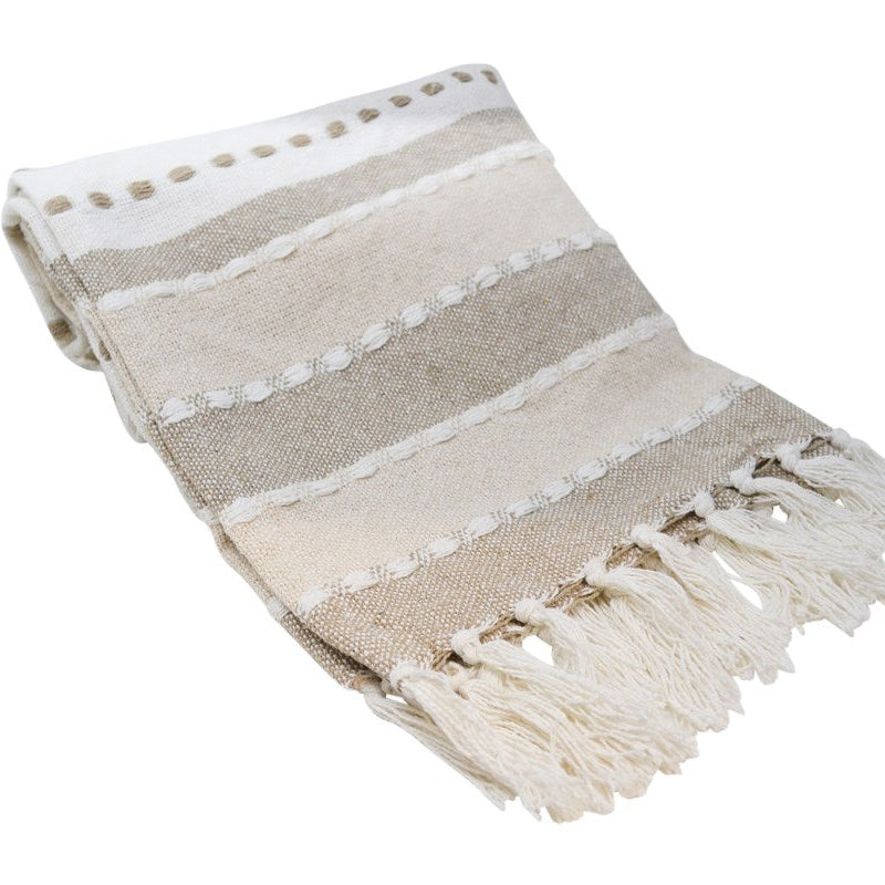 JETÉE EN COTON BEIGE ET BRUN AVEC FRANGES – 125 X 150 CM