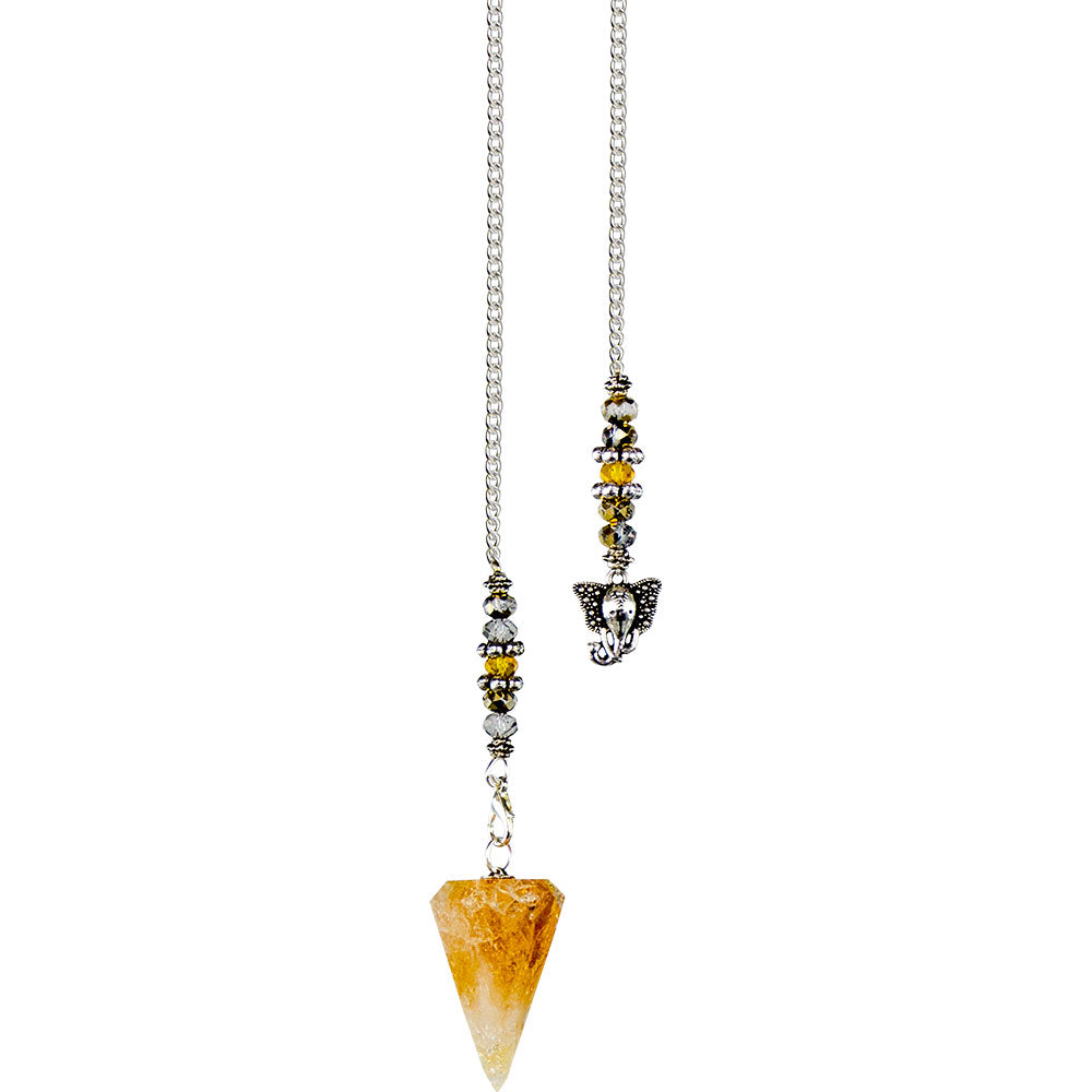 Pendule hexagonal en citrine avec breloque Ganesha – Énergétique, spirituel et artisanal