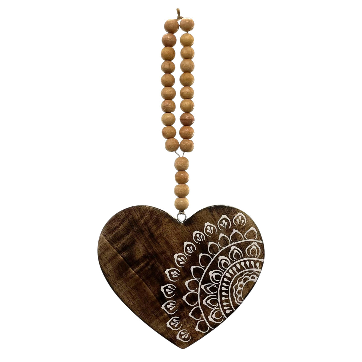 CŒUR EN BOIS DE MANGUIER ORNÉ DE PERLES – MANDALA