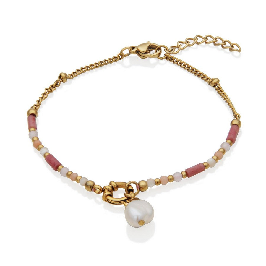 BRACELET EN PIERRES SEMI-PRÉCIEUSES AVEC BRELOQUE PERLE - ACIER INOXYDABLE DORÉ - STEELX