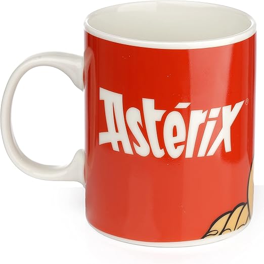 TASSE ASTÉRIX ROUGE AVEC LE MOT ASTÉRIX EN BLANC ET L'ANSE À GAUCHE