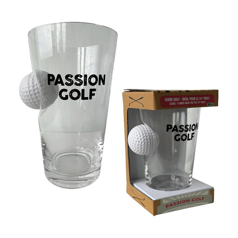 VERRE À BIÈRE "PASSION GOLF" AVEC BALLE DE GOLF INTÉGRER AU VERRE