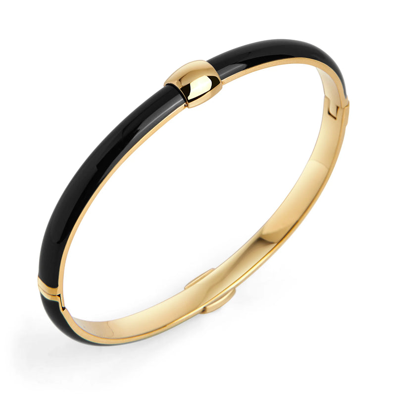 BRACELET RIGIDE EN ACIER INOXYDABLE DORE ET EMAIL NOIR ELYAN | MIA BIJOUX