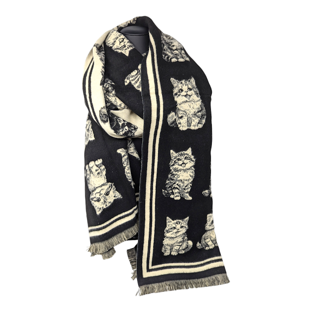 FOULARD NOIR IMPRIME DEUX COTES AVEC CHATS