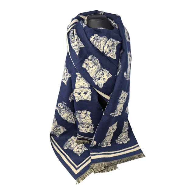 FOULARD BLEU IMPRIME DEUX COTES AVEC CHATS