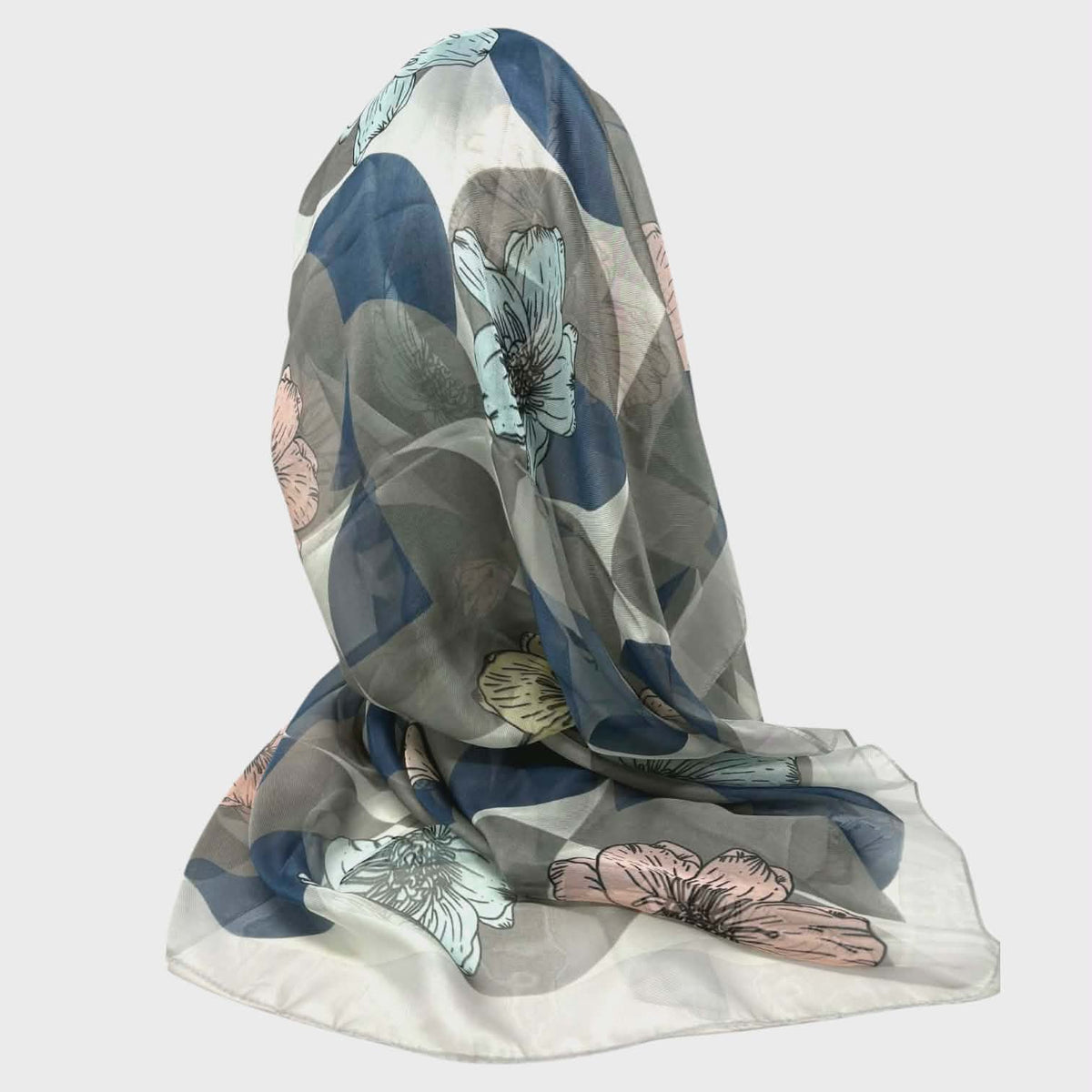 FOULARD EFFET SOYEUX FLEURS BLEUES ET ROSÉES