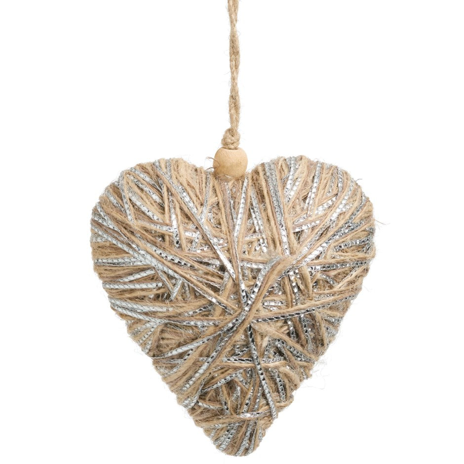 DÉCORATION DE NOËL CŒUR EN JUTE NATURELLE ET FIL ARGENTÉ