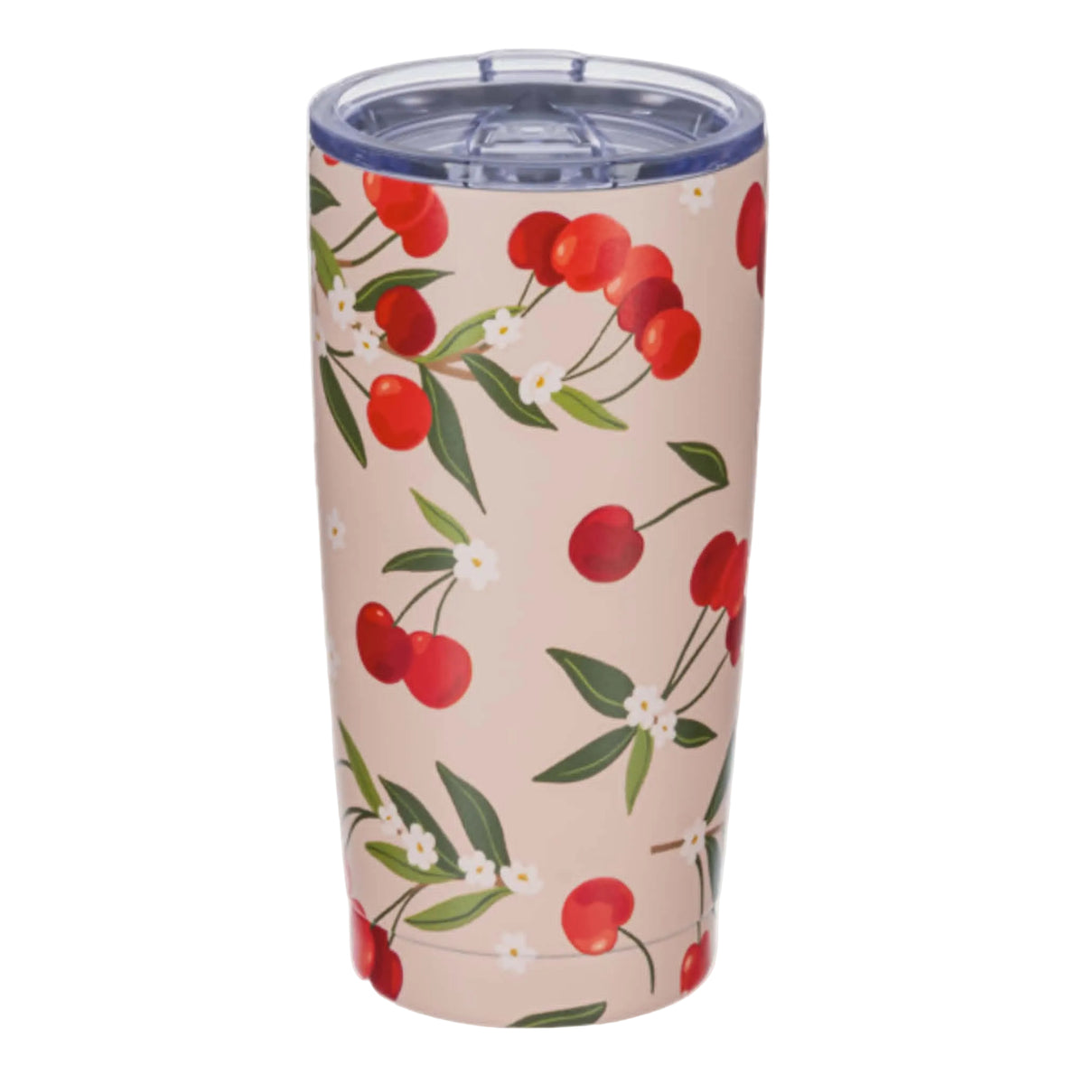 Verre isotherme avec motifs de cerises rouges et couvercle pratique