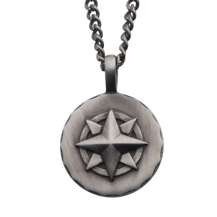 COLLIER BOUSSOLE EN ACIER INOXYDABLE GRIS ANTIQUE | INOX CANADA