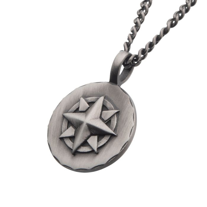 COLLIER BOUSSOLE EN ACIER INOXYDABLE GRIS ANTIQUE | INOX CANADA
