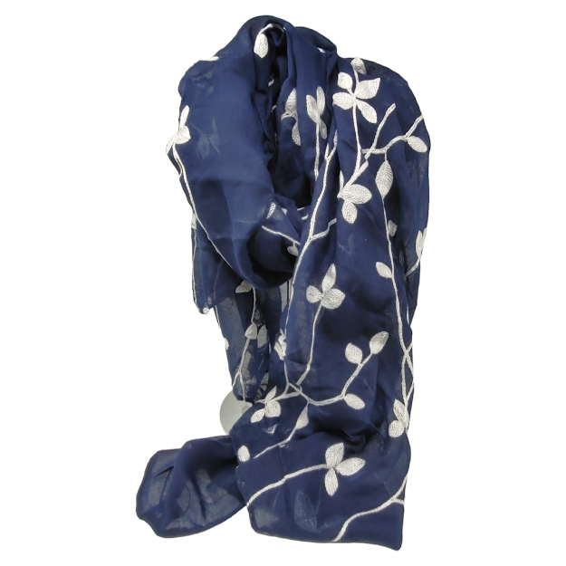 FOULARD BRODEE BLEU 35% ACRYLIQUE / 65% COTON / 177CM LONG ET 71 CM LARGE