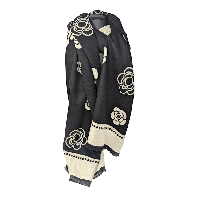 FOULARD REVERSIBLE NOIR ET CREME AVEC FLEURS - CÔTÉ NOIR ET FLEURS COULEUR CRÈME