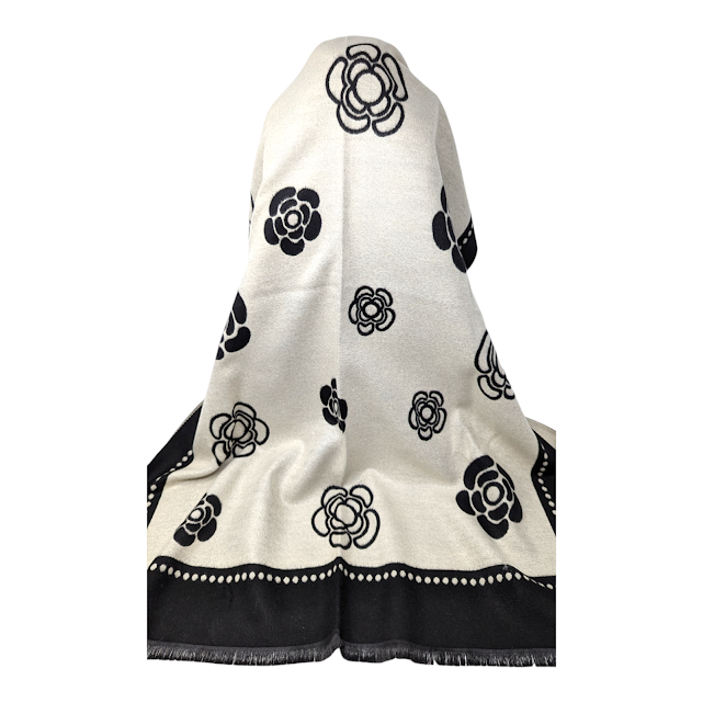 FOULARD REVERSIBLE NOIR ET CREME AVEC FLEURS CÔTÉ CRÈME ET FLEURS COULEUR NOIRE