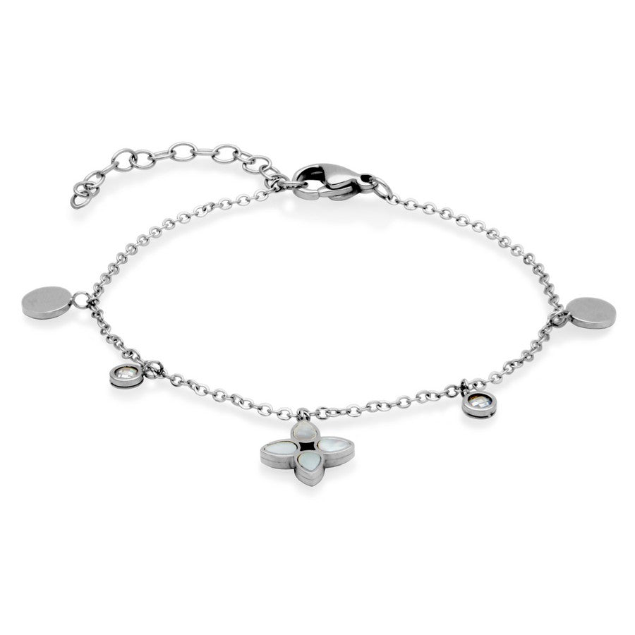 BRACELET EN ACIER INOXYDABLE AVEC BRELOQUE FLEUR NACRE