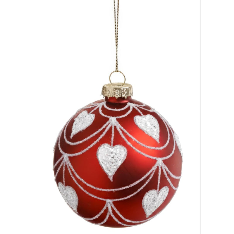 Boule de Noël rouge avec cœurs blancs en verre