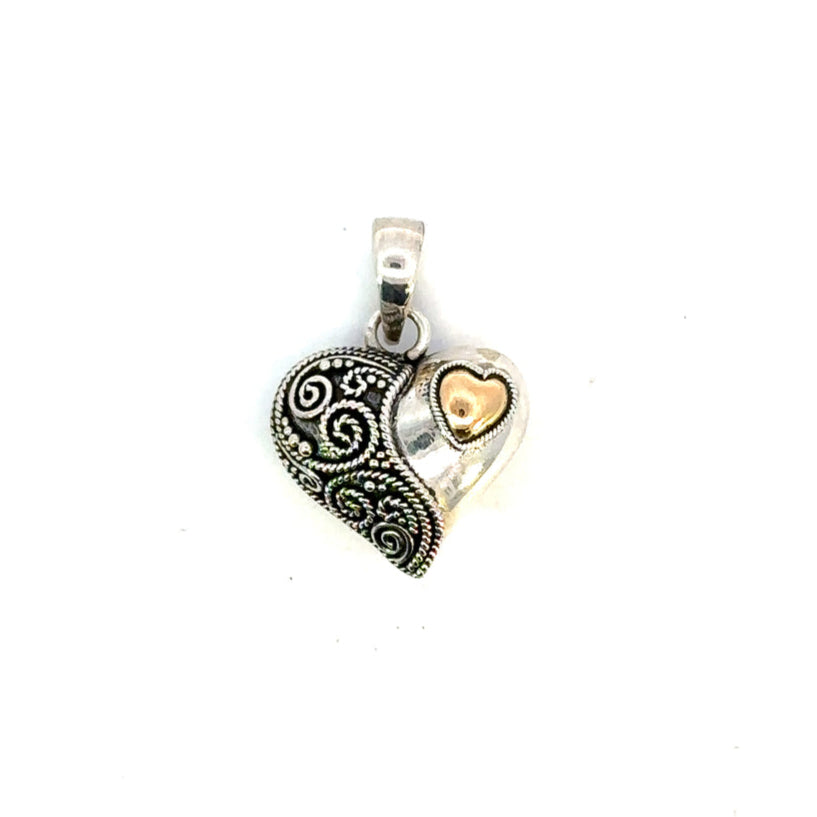 PENDENTIF DE BALI COEUR MOYEN ARGENT STERLING ET OR