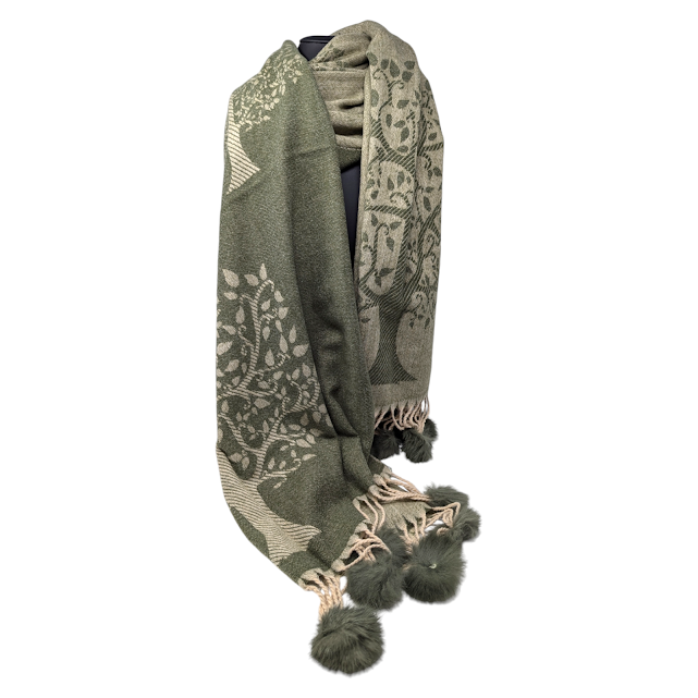 FOULARD IMPRIME DEUX COTES AVEC ARBRE DE VIE ET POMPONS