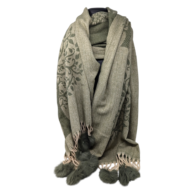 FOULARD IMPRIME DEUX COTES AVEC ARBRE DE VIE ET POMPONS - CÔTÉ PLUS PÂLE