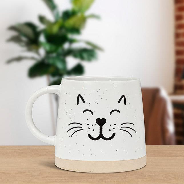 Tasse à base large en grès avec visage de chat - 14 oz