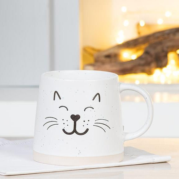 Tasse à base large en grès avec visage de chat - 14 oz