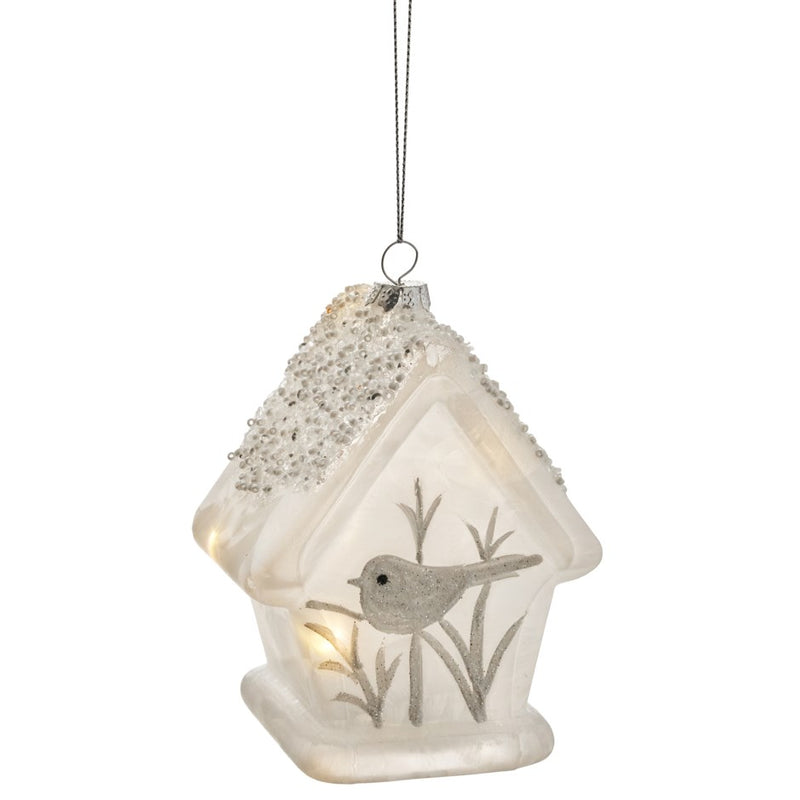 ORNEMENT DE NOËL MAISON LUMINEUSE AVEC OISEAU EN VERRE BLANC