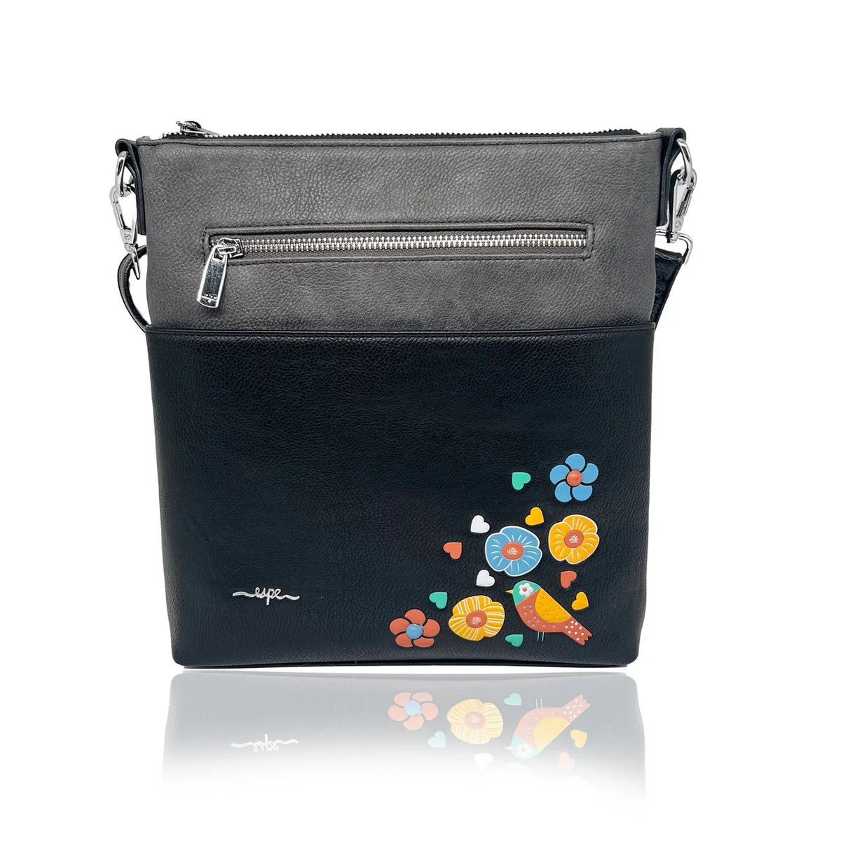SAC BANDOULIÈRE JAY IMAGES COLORÉES DE FLEURS, PETITS COEURS ET OISEAU - CUIR VÉGAN ESPE