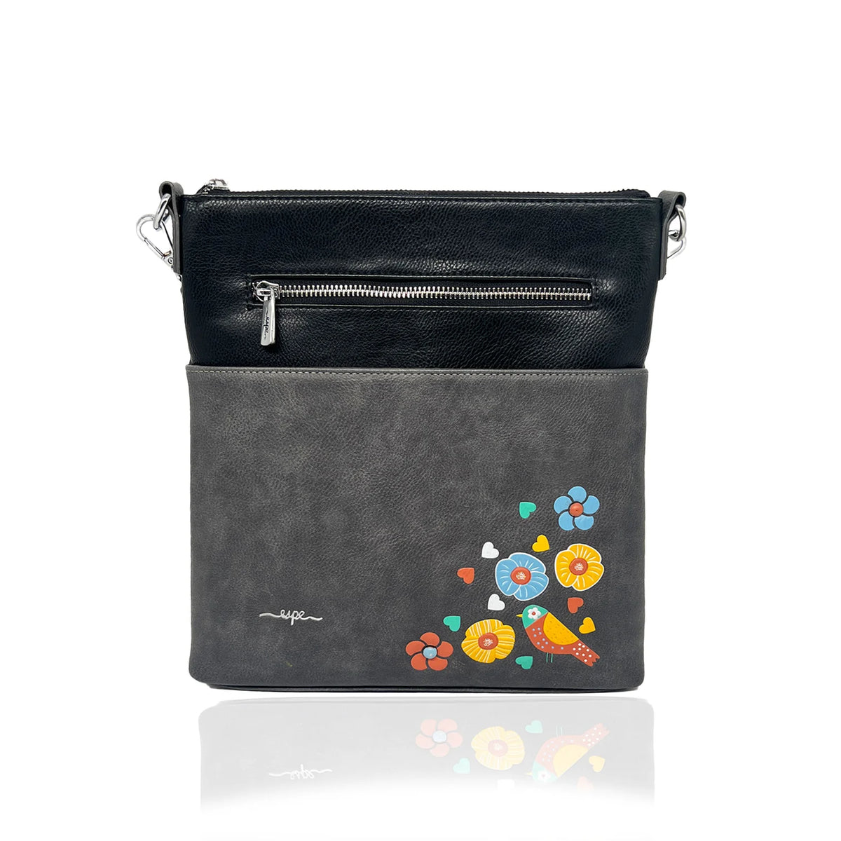 SAC BANDOULIÈRE JAY IMAGES COLORÉES DE FLEURS, PETITS COEURS ET OISEAU - CUIR VÉGAN ESPE