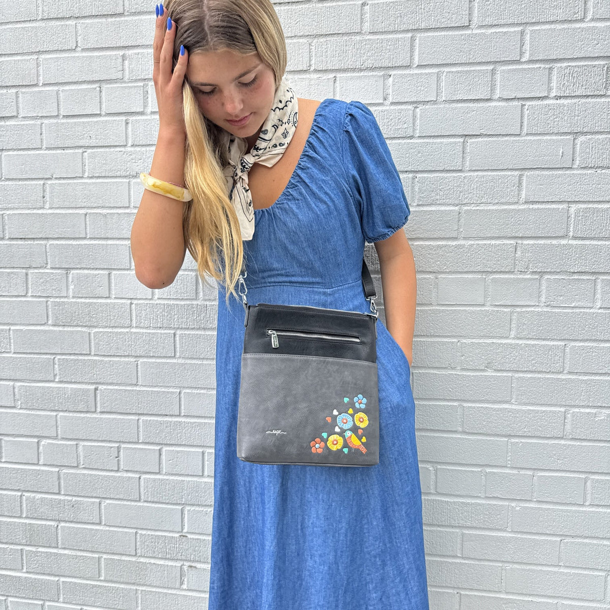 SAC BANDOULIÈRE JAY IMAGES COLORÉES DE FLEURS, PETITS COEURS ET OISEAU - CUIR VÉGAN ESPE