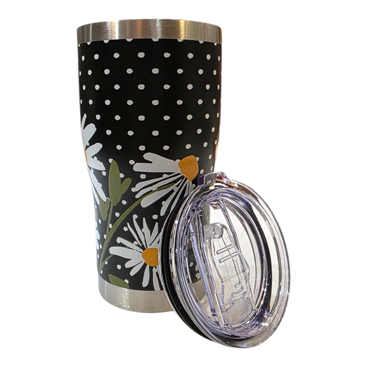 VERRE DE VOYAGE ISOTHERME NOIR AVEC MARGUERITES BLANCHES
