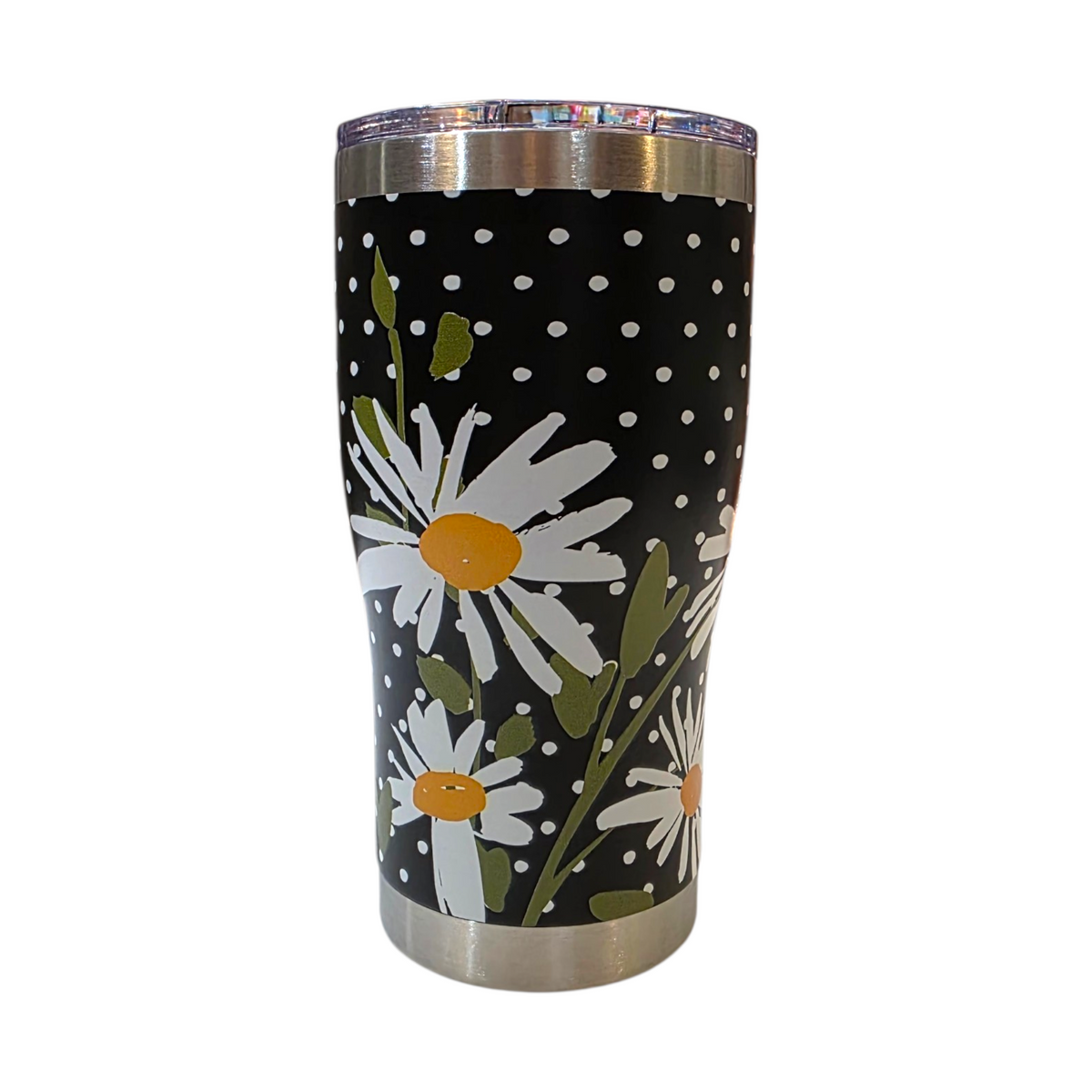 VERRE DE VOYAGE ISOTHERME NOIR AVEC MARGUERITES BLANCHES