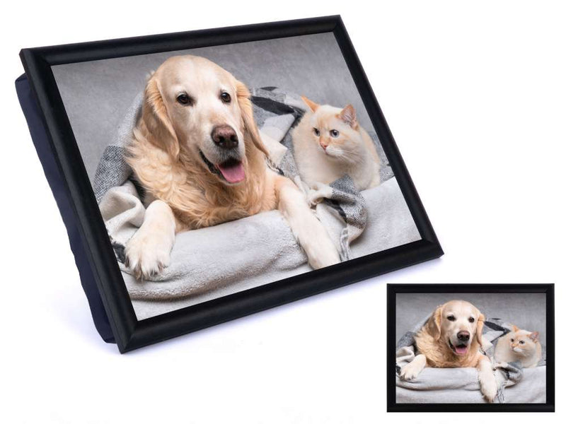 Plateau-coussin (coussin de lecture) avec illustration de Golden Retriever et de chat