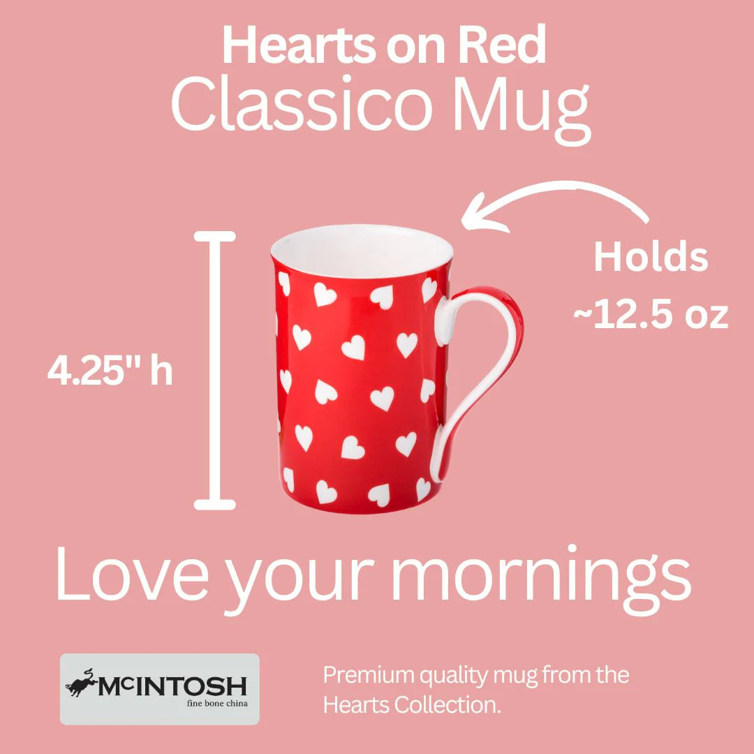 TASSE FOND ROUGE AVEC COEURS BLANCS MICINTOSH