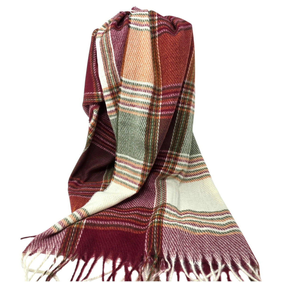 Foulard à carreaux bourgogne, vert et crème avec franges
