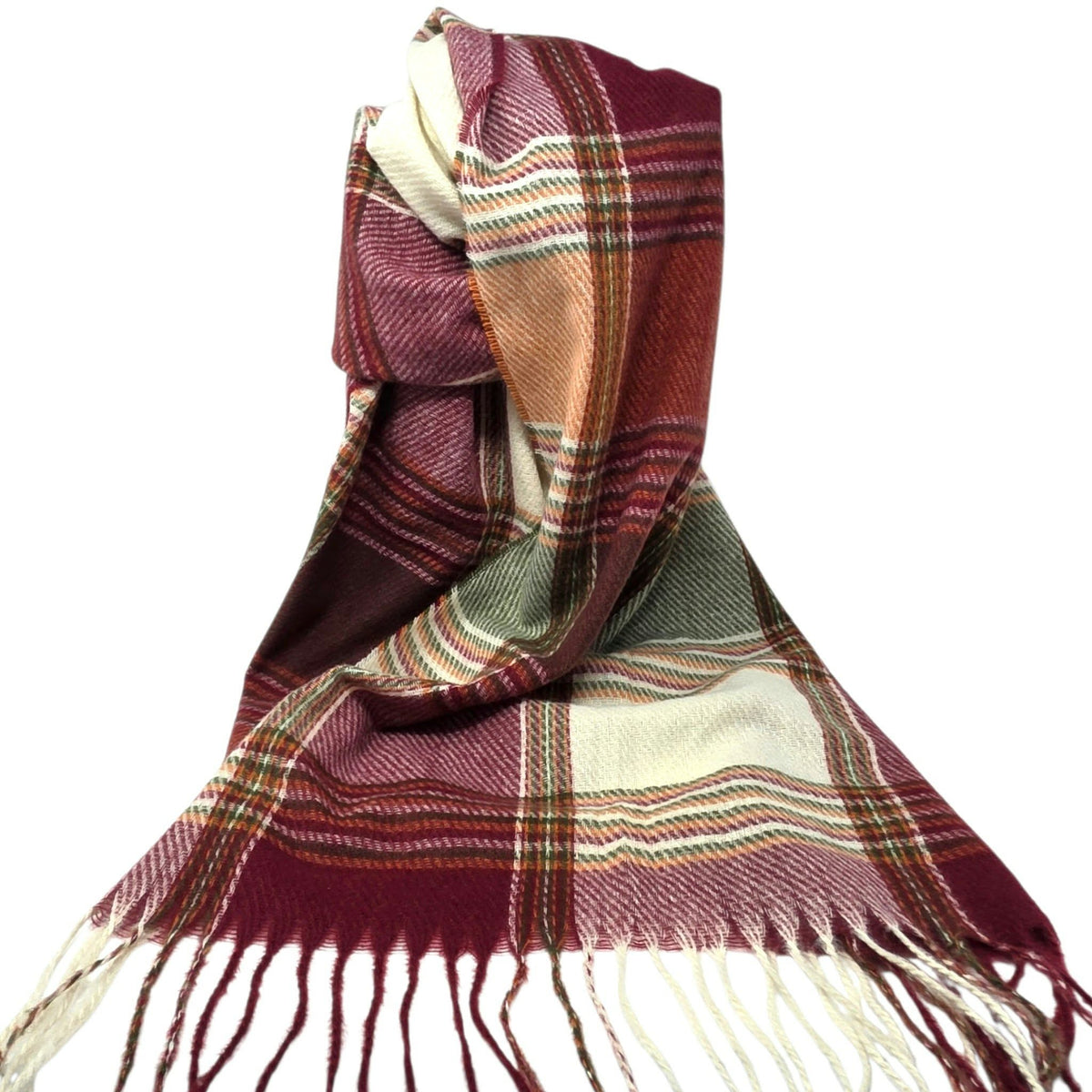 Foulard à carreaux bourgogne, vert et crème avec franges