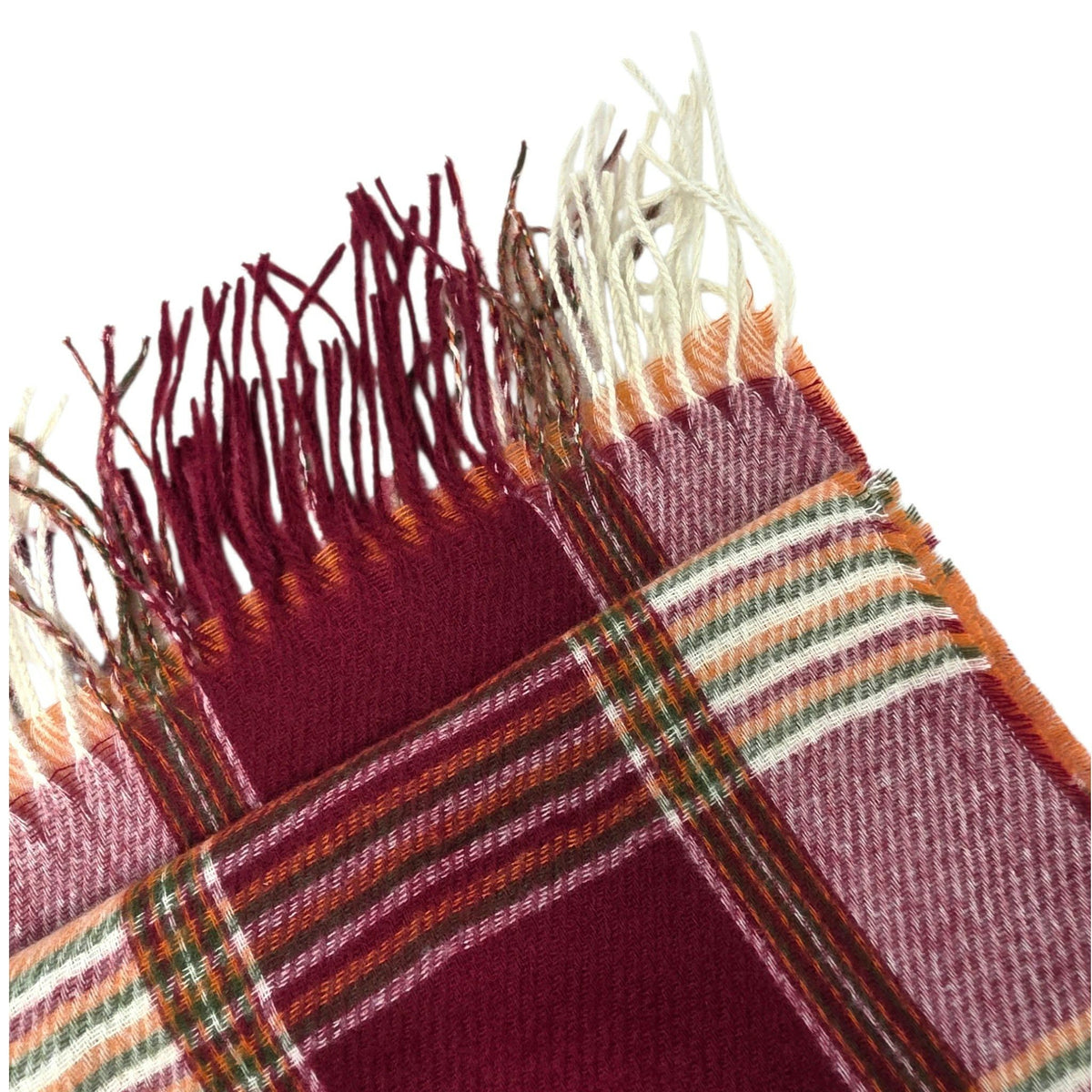 Foulard à carreaux bourgogne, vert et crème avec franges