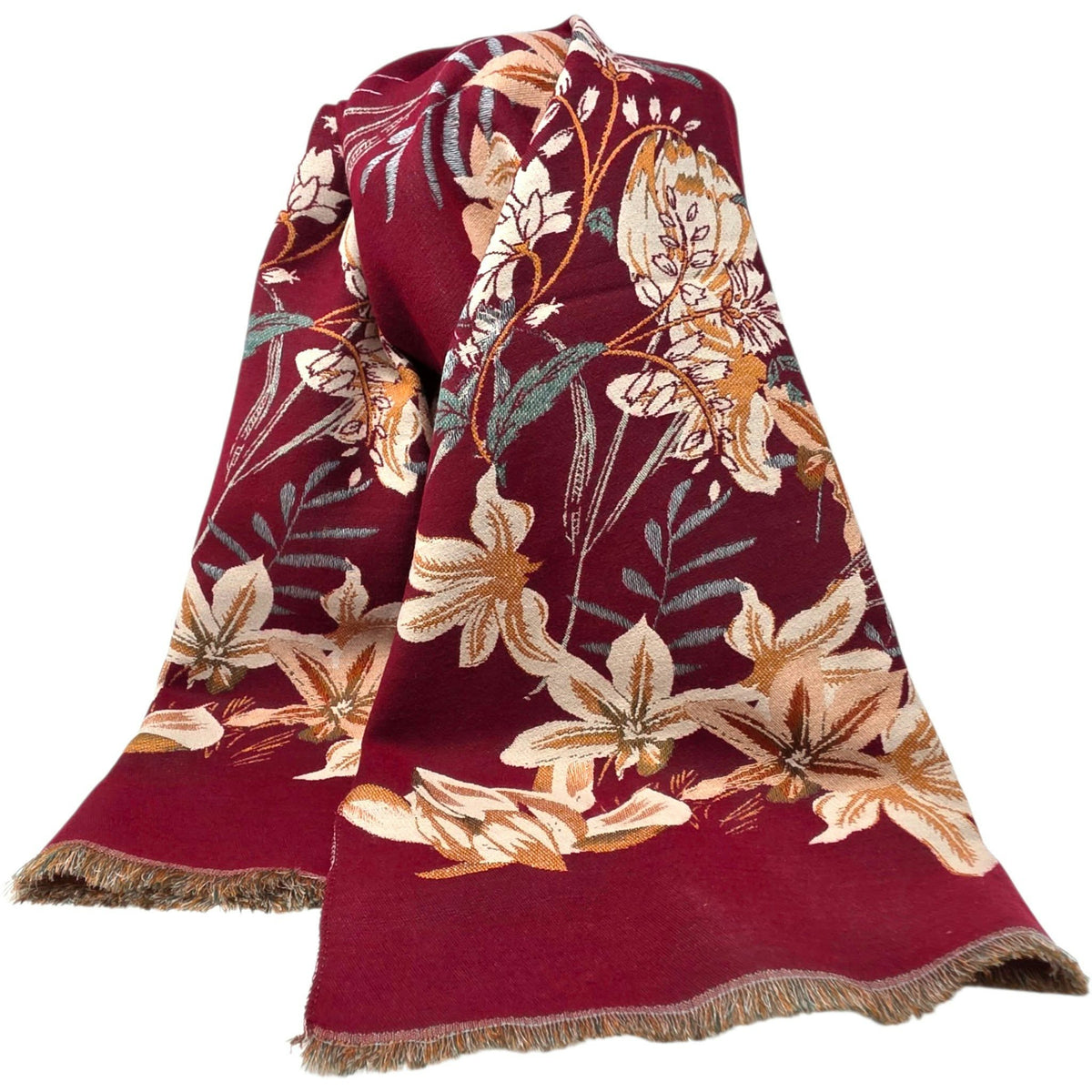 FOULARD BOURGOGNE RÉVERSIBLE À MOTIFS FLORAUX – 182 X 64 CM