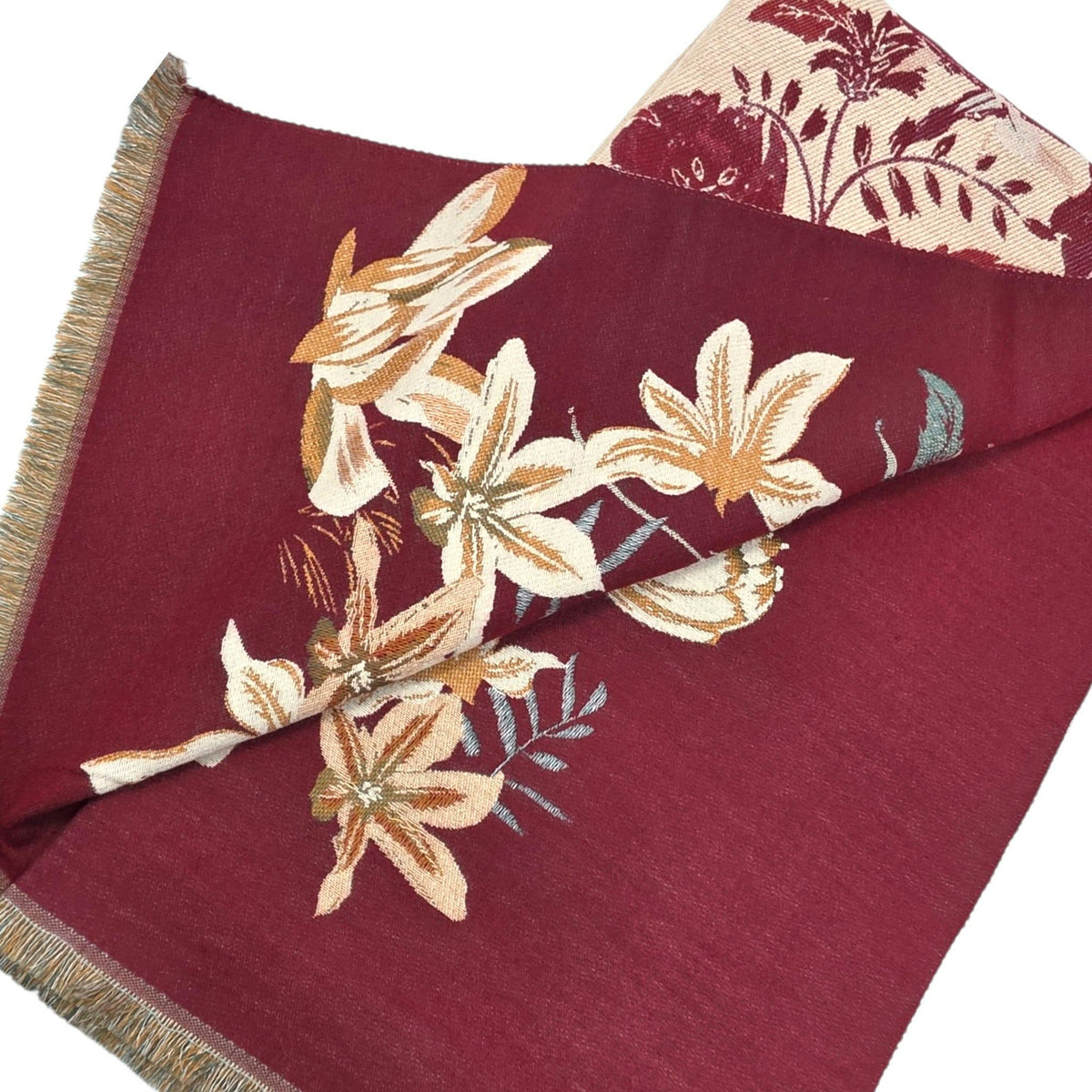 FOULARD BOURGOGNE RÉVERSIBLE À MOTIFS FLORAUX – 182 X 64 CM