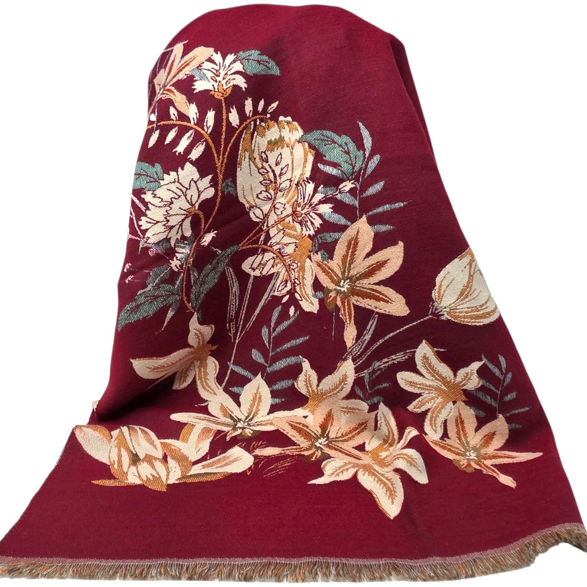FOULARD BOURGOGNE RÉVERSIBLE À MOTIFS FLORAUX – 182 X 64 CM