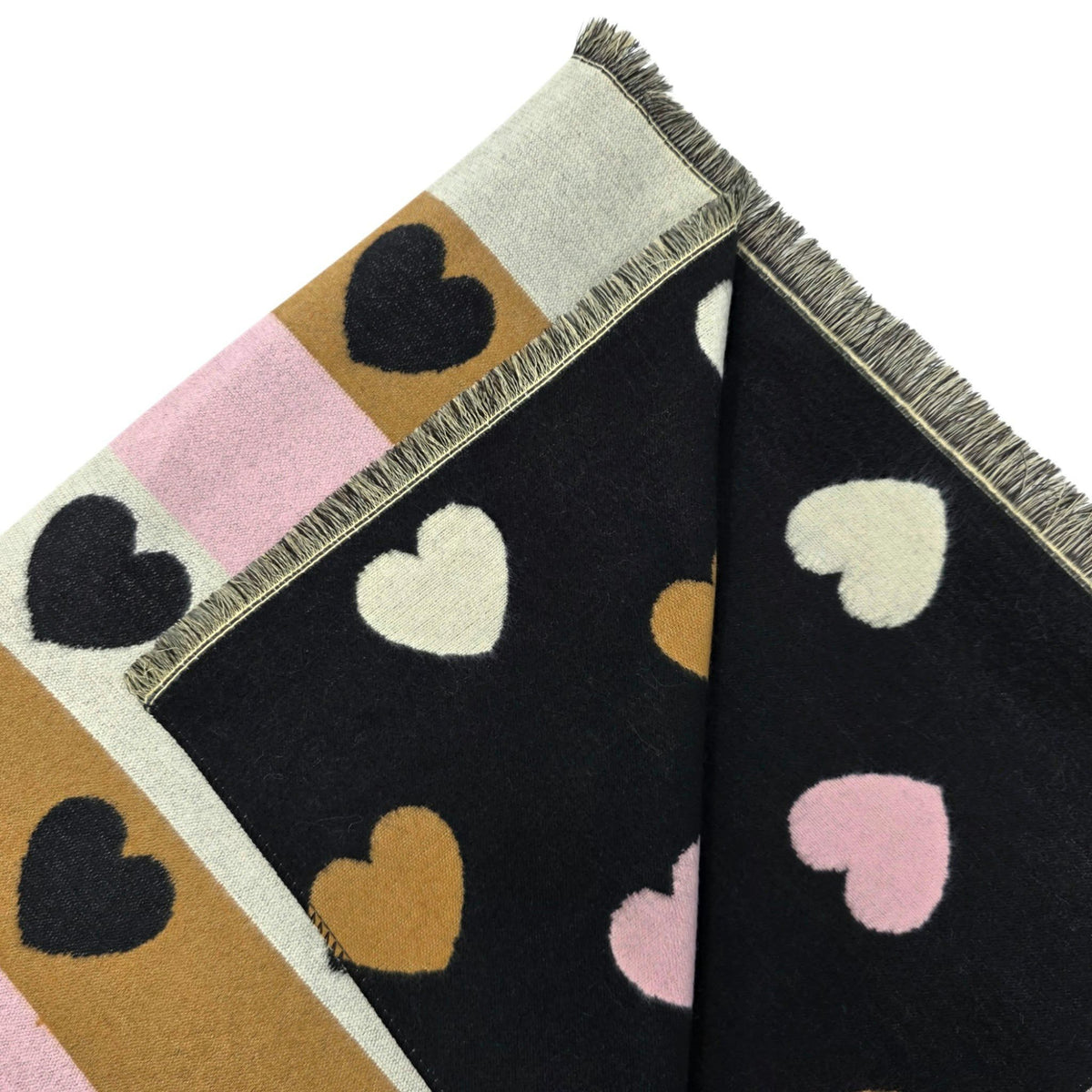 Foulard réversible à cœurs rose, noir et caramel