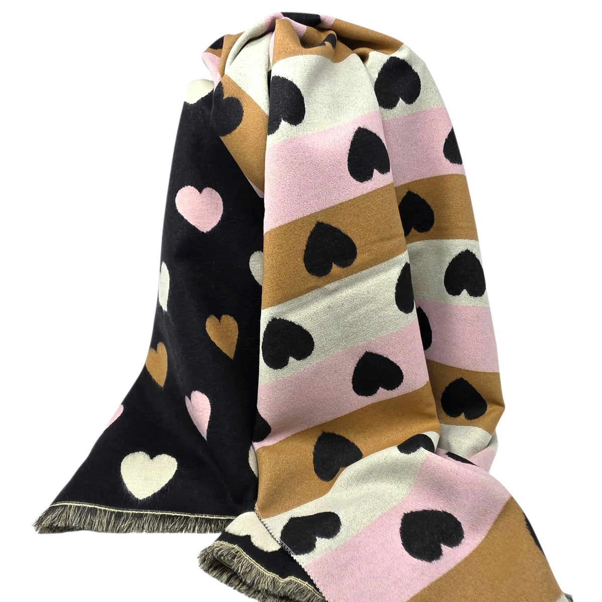 Foulard réversible à cœurs rose, noir et caramel