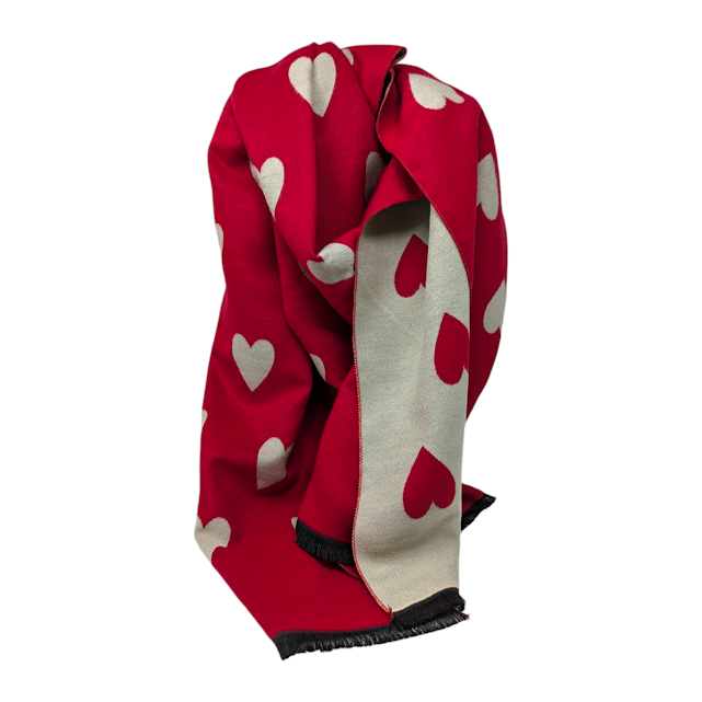 FOULARD REVERSIBLE ROUGE ET CREME AVEC COEURS