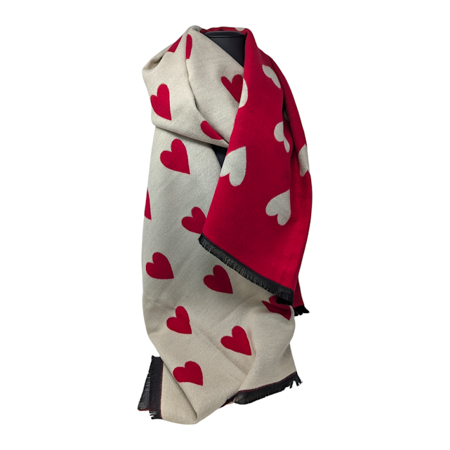 FOULARD REVERSIBLE ROUGE ET CREME AVEC COEURS