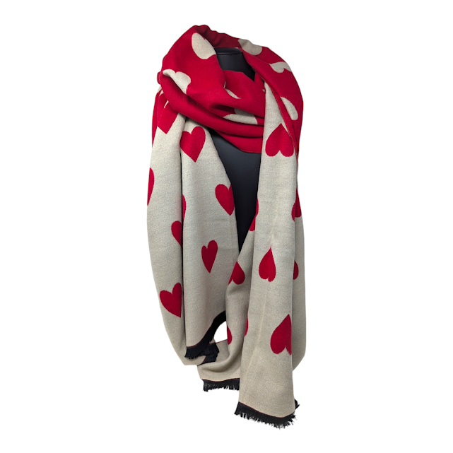 FOULARD REVERSIBLE ROUGE ET CREME AVEC COEURS