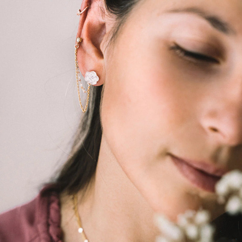 BOUCLES D'OREILLES DOUBLE FLEURS ROSE PLAQUEES OR | SANDRINE DEVOST