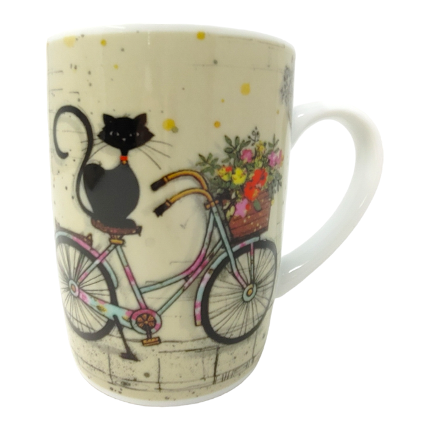 TASSE CHAT NOIR SUR VÉLO AVEC FLEURS