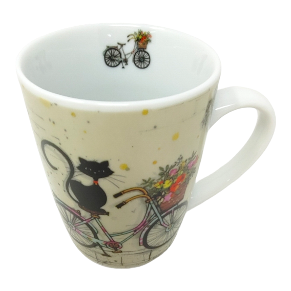 TASSE CHAT NOIR SUR VÉLO AVEC FLEURS