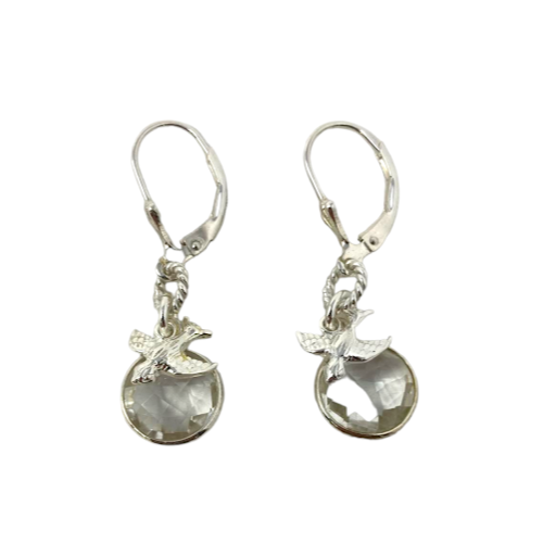 BOUCLES D'OREILLES OISEAUX ARGENT ET QUARTZ CLAIR HOWLING DOG